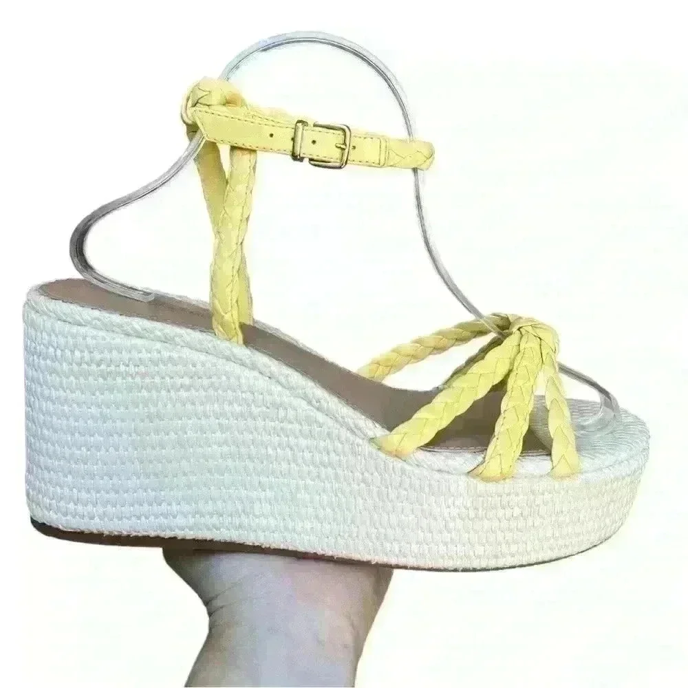 Antonio Melani Yellow Braided Leather Stacked Wedge Sandals 9.5
